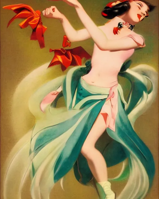 Image similar to hatsune Miku dancing by Enoch Bolles and Gil Elvgren