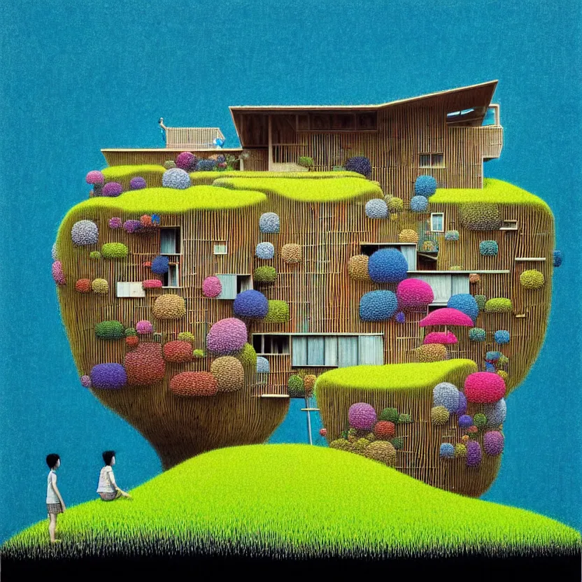 Image similar to surreal glimpse into other universe, a house by kengo kuma on an island, summer morning, very coherent and colorful high contrast, art by!!!! gediminas pranckevicius!!!!, geof darrow, floralpunk screen printing woodblock, dark shadows, hard lighting, stipple brush technique,