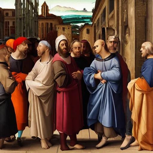 Image similar to people wearing cap hoodies, streetware, in the streets in renaissance painting style