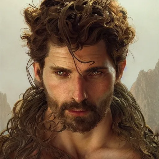 Image similar to portrait of the god of the mountains, 30 years old, rugged, male, gorgeous, detailed face, amazing, hairy torso, muscular, intricate, highly detailed, digital painting, artstation, concept art, sharp focus, illustration, art by greg rutkowski and alphonse mucha