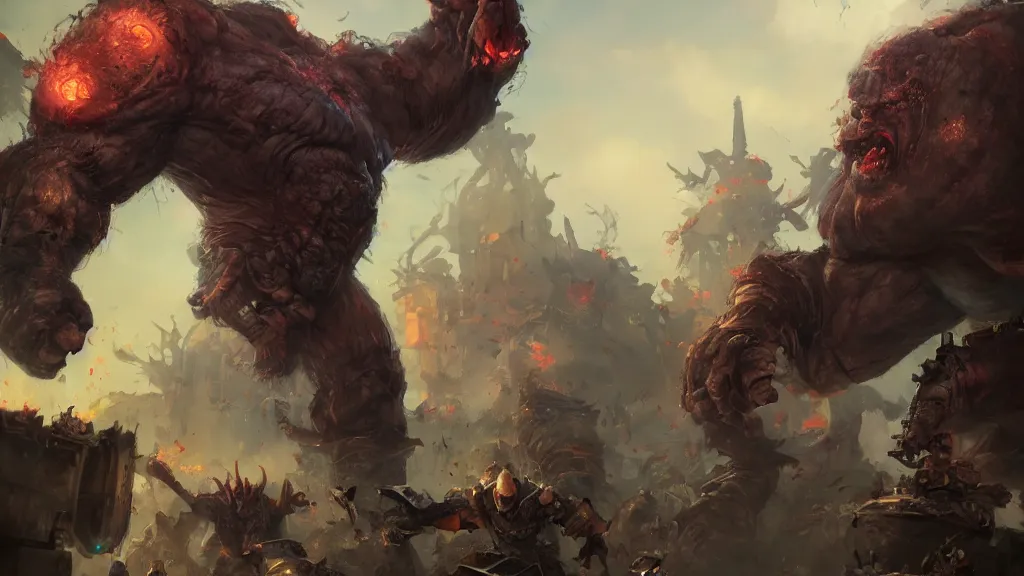 Image similar to a huge angry violent ogre stomps through a suburban neighborhood, people run, by yuumei, bayard wu, wlop, tim white, ross tran, 4 k