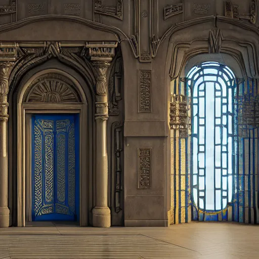 Image similar to carved futuristic door at the end of ornate steps shows a large window to a city detailing the vast architectural scientific ancient and cultural acheivements of humankind, magical atmosphere, renato muccillo, andreas rocha, johanna rupprecht, beardsley, octane render, cinematic blue and gold