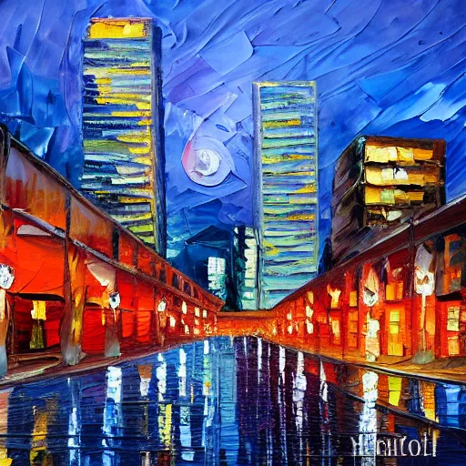Image similar to palette knife oil painting of downtown los angeles at dusk