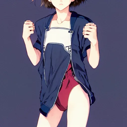 Image similar to a beautiful! boyish! natalie portman alluring gravure! model, wearing oversized mayan bomber jacket and leotard with overalls, bulky poofy bomber jacket with mayan patterns, gapmoe yandere grimdark, trending on pixiv fanbox, painted by greg rutkowski makoto shinkai takashi takeuchi studio ghibli, akihiko yoshida