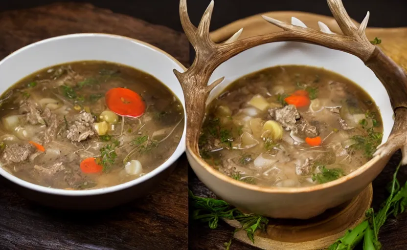 Prompt: dear antler soup, cuisine, food photography