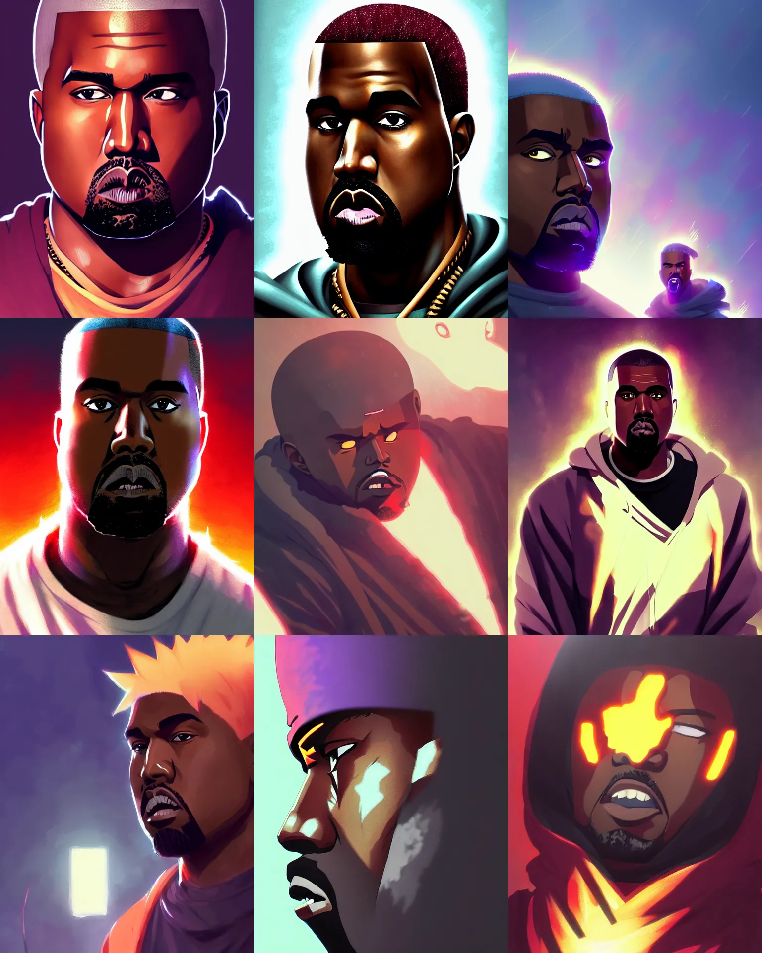 Prompt: Kanye West in Naruto anime, medium shot close up, details, sharp focus, illustration, by Jordan Grimmer and greg rutkowski, Trending artstation, pixiv, digital Art