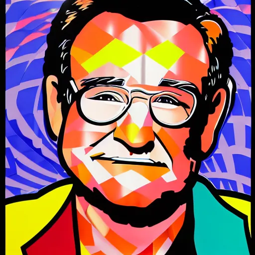 Image similar to portrait of robin williams by romero britto and haruki murakami : 1 high contrast, hard edges, matte painting, geometric shapes, masterpiece : 1