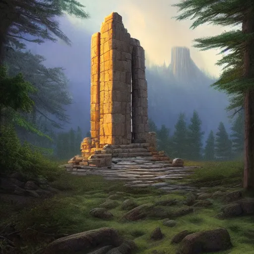 Image similar to phoenician temple in the woods of maine, artstation, matte oil painting, crisp, sharp, darrell k sweet, mysterious