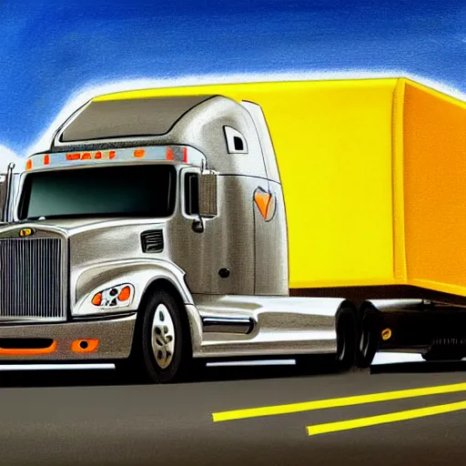 Prompt: highly detailed painting of a semi truck yelling