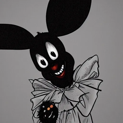 Image similar to A extremely highly detailed majestic hi-res beautiful, highly detailed head and shoulders portrait of a scary terrifying, horrifying, still of a creepy black cartoon clown rabbit in eraserhead with scary big eyes, earing a shirt laughing, hey buddy, let's be friends, in the style of Walt Disney animation