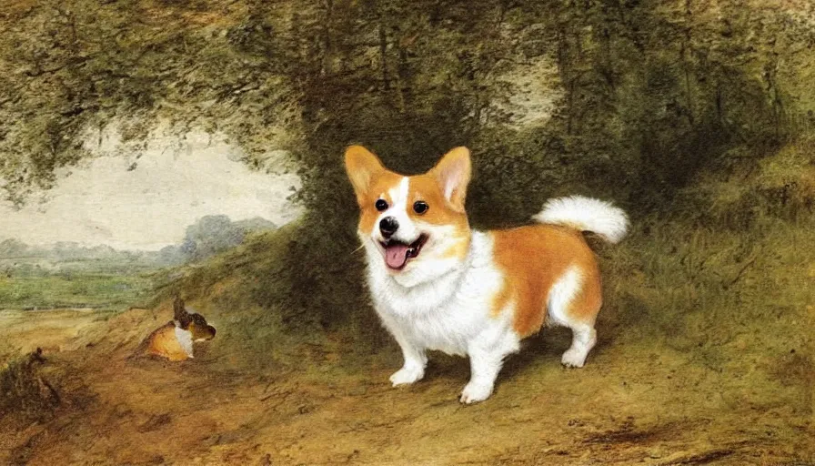 Prompt: A happy Corgi in nature, by Jean-Baptiste Oudry, by Beatrix Potter, by frank weston benson