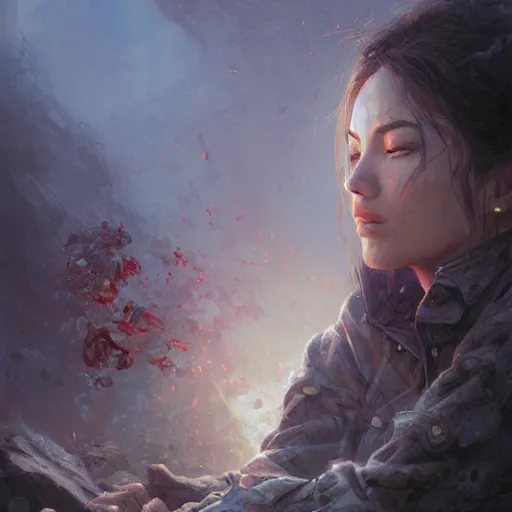 Prompt: only the dead have seen the end of war, artwork by artgerm, very detailed and intricated human face of pain, rendered in pov - ray, style of thomas kinkade and greg rutkowski