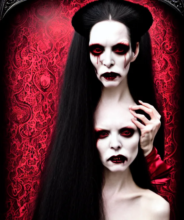 Prompt: surreal highly detailed photo portrait of a beautiful female vampire, long black flowing hair, depressing hopeless horrific vibe, 150 mm lens, soft rim light, bold ornate crimson robes with silver lace trim, pronounced facial contouring, devious evil expression, pale skin, dark studio background, Alexander McQueen, high fashion, haute couture, rococo, anatomical, elegant, hyper realistic, octane render, unreal engine, art by Dora Maar and P. Craig Russell and Barry Windsor-Smith, hints of Dan Hillier and H. R. Giger, volumetric lighting, 8k, vibrant high contrast coloring, Art Nouveau, masterpiece, romanticism