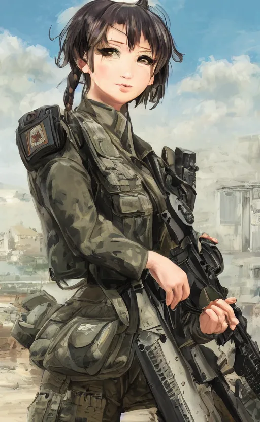 Image similar to portrait of a female soldier, highly detailed, high resolution, military camp in the background, the front of a modern trading card, illustration, character concept art, stunning, girls frontline style, bokeh soft, matte, 100mm, by shibafu, by shizuma yoshinori, studio mappa, realistic human anatomy, realistic military carrier, modern warfare, realistic weapon, digitally draw on wacom tablet, low saturation, small eyes