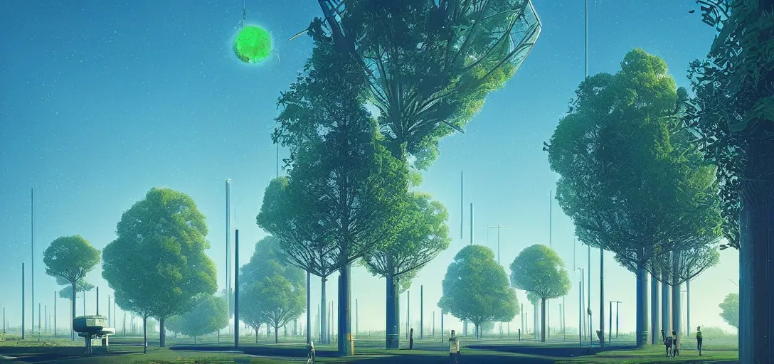 Prompt: futuristic solarpunk park, bright blue skies, towering digital trees sci - fi, digital art by beeple and simon stalenhag