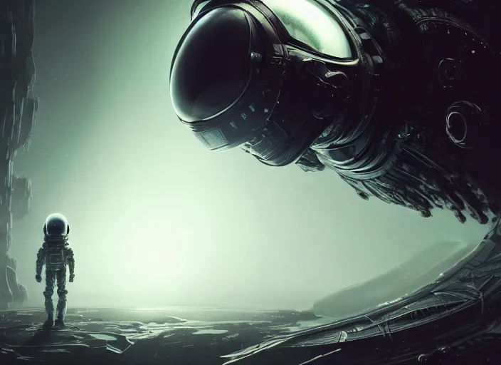 Prompt: a mysterious translucent space alien, eerie shimmering surroundings, spaceship background, small astronaut looking up, concept art, intricate, detailed, award - winning, cinematic, octane render, 8 k, photorealistic, by tsutomu nihei, by emil melmoth, by gustave dore, by craig mullins, by yoji shinkawa