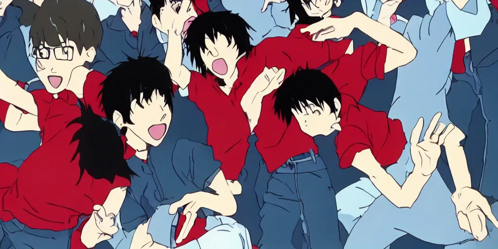 Image similar to a stil of a 90s OVA showing a man with a black hair wearing a red shirt screaming in a school