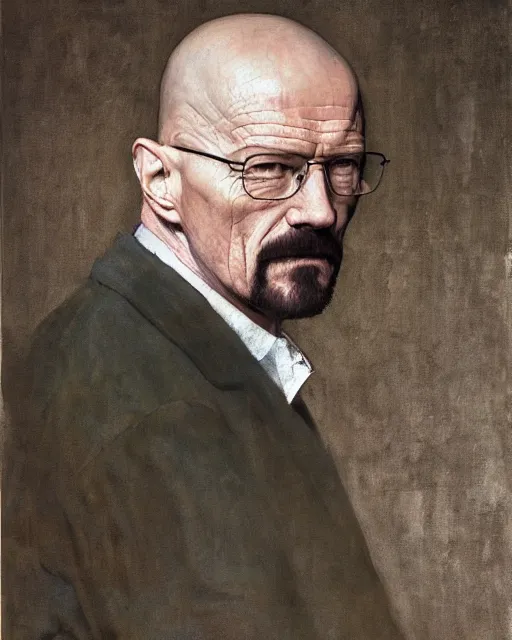 Image similar to walter white, portrait painting by richard schmid, edgar maxence, kehinde wiley, thomas moran, maxfield parrish, studio ghibli, loish, alphonse mucha, fashion photography