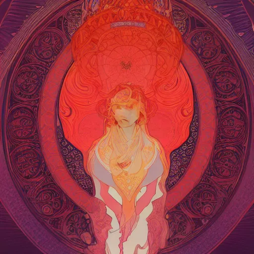 Image similar to artwork of a magical woman, intricated, ghost, gradient orange and red, cloudy, by alphonse mucha , perfect head shape, artstation, deviantart, 4k, unreal engine, smooth