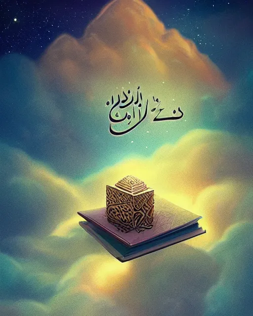 Image similar to the quran descending from the galaxy into clouds highly detailed, gold filigree, romantic storybook fantasy, soft cinematic lighting, award, pastel color palette, featured on artstation, digital art