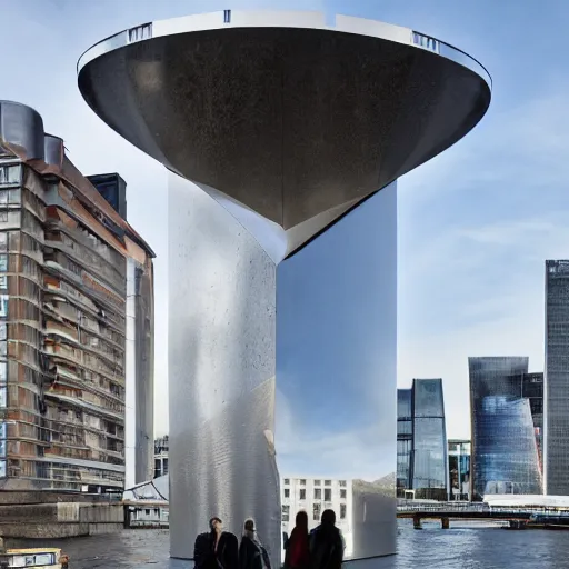 Image similar to a incredible cutting edge new building on the London waterfront designed by bjarke ingels, with a giant modern stainless steel sculpture in front of it at monumental scale, photo by Annie Leibovitz