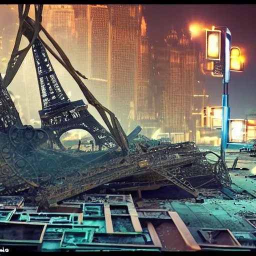 Image similar to A beautiful intricate 8K award-winning ground-level cinematic movie photograph of the future rusting rubble of the fallen and decimated Eiffel Tower, lying in pieces on the ground, surrounded by neon and collapsing corporate video billboard displays. in the year 2050, by Bruno Delbonnel and greg rutkowski. octane render, Arri Alexa 65. Cinematic lighting