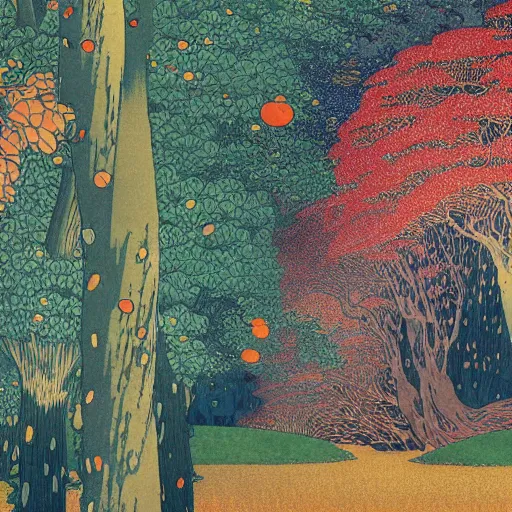 Image similar to Rain, Leaves, Fruit, Flowers, Arboreal, majestic rivers of crystalized color, 8K by Hokusai, Klimt, Dan Mumford and Tom Whelan