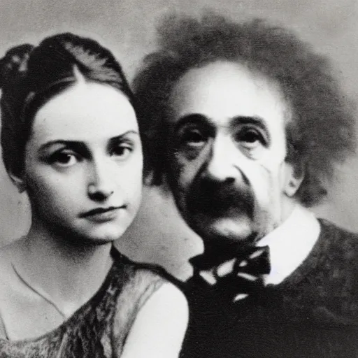 Image similar to portrait of ballerina and einstein posing together, daguerreotype