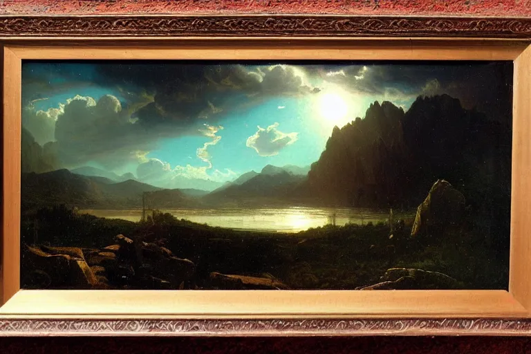 Image similar to sci-fi landscape, dramatic lighting, hudson river school painting, cinematic