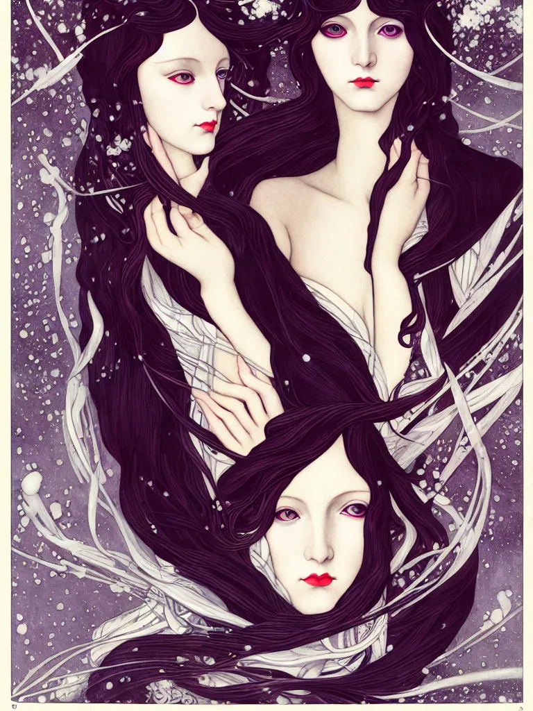 Image similar to 3!!!!!! winter muses, style mix of æon flux, shepard fairey, botticelli, ivan bilibin, john singer sargent, pre - raphaelite, shoujo manga, harajuku fashion, dormant nature, snow, ice, dark muted triad colors, superfine inking, ethereal, 4 k photorealistic, arnold render