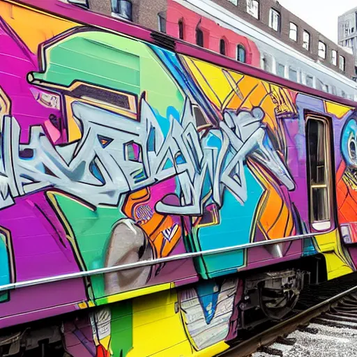 Image similar to wide angle full colour photo of a new york train carriage with the whole side covered by an award winning Graffiti piece in wildstyle, and many colours, with a comic character incorporated in the piece, ultrarealism, featured on artstation, octane render, powerful, iconic, inspiring, mesmerising