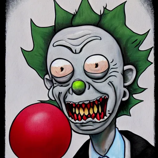 Image similar to grunge painting of rick from rick and morty with a wide smile and a red balloon by chris leib, loony toons style, pennywise style, corpse bride style, horror theme, detailed, elegant, intricate