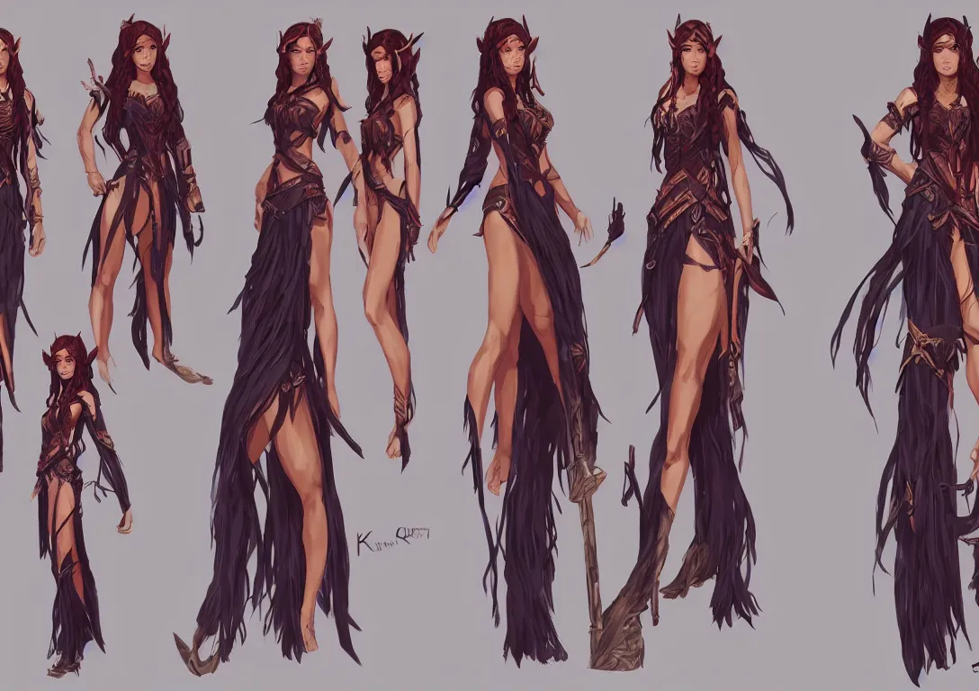 Image similar to half orc half elf woman, ginger extra very long hair, tropical mage dress with high slit, several layers of fabric, character concept art character sheet, by ilya kuvshinov, krenz cushart, Greg Rutkowski, trending on pixiv