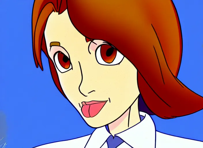 Image similar to a shaded animation cel of dana scully, sharp detail, realistic anatomy, in the style of western cartoons, by filmation, toei animation, studio trigger, studio ghibli, 5 k, artstation trending