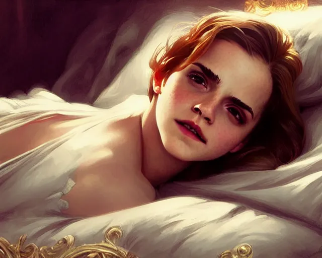 Image similar to Emma Watson lying on the bed in sleepwear, summertime, fantasy, intricate, elegant, highly detailed, digital painting, artstation, concept art, matte, sharp focus, illustration, hearthstone, art by Artgerm and Greg Rutkowski and Alphonse Mucha