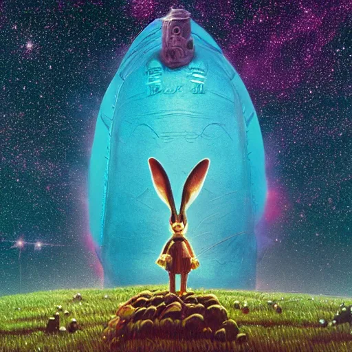 Prompt: a gigantic rabbit face of The Wonderful Wizard of OZ sculpted by Simon Stålenhag and H. R. Giger made out of gems in void space hubble deep field