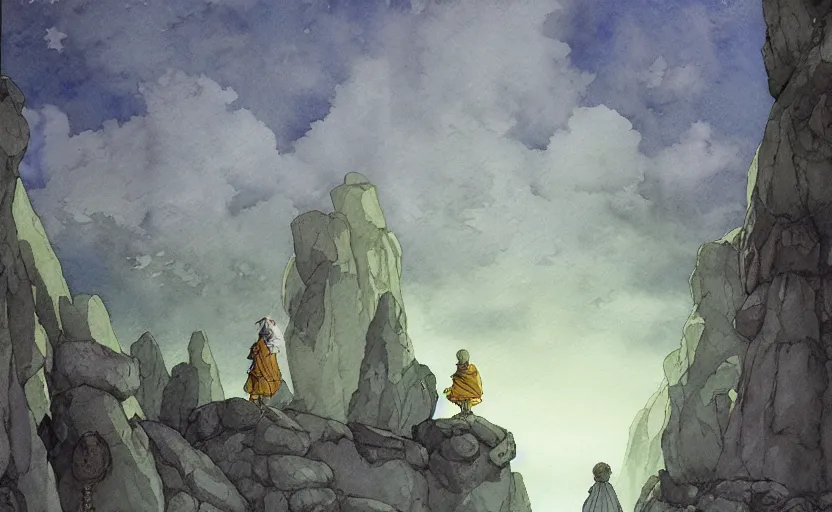 Image similar to a hyperrealist anime watercolor fantasy concept art of a giant monk with a grey robe and a small druid with a yellow robe in stonehenge on a misty night. in the background several immense stones are floating in the air. by rebecca guay, michael kaluta, charles vess