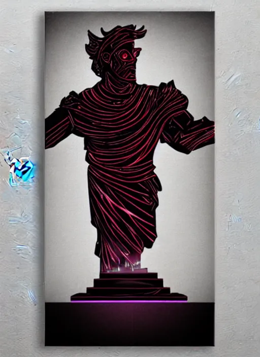 Image similar to elegant dark design poster showing a large greco roman statue of hermes, black background with very subtle red and purple design elements, bold, powerful, nekro, vito acconci, thin straight purple lines, dark, glitch art, neo vaporwave, gritty, layout frame, square, trending on artstation