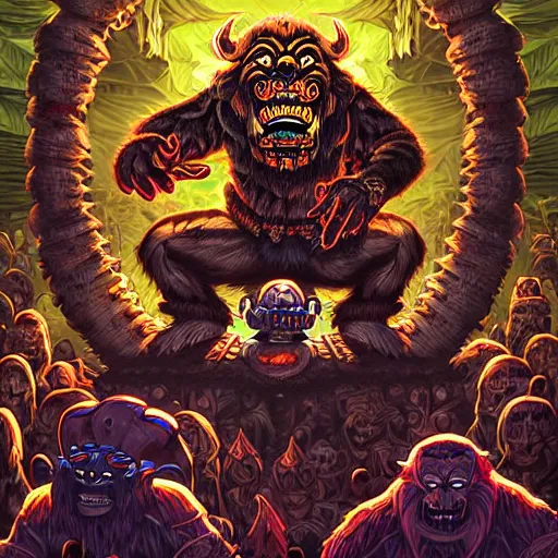 Image similar to barong family, wiwek, mara demon, one single tribe member, jungle, one single mask, dark, ancient warrior, stupid dump gorilla, tribal, inner glow, art by dan mumford and justin gerard