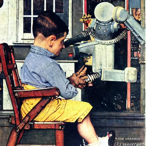 Image similar to a Norman Rockwell painting of a boy fixing his robot