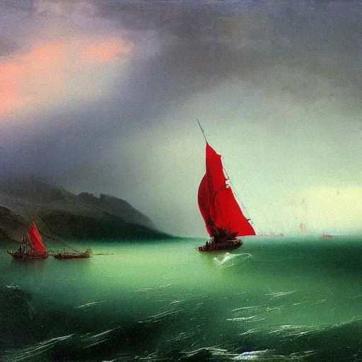 Prompt: red clouds and green ocean in iceland fjord with sailboat painting by ivan aivazovsky