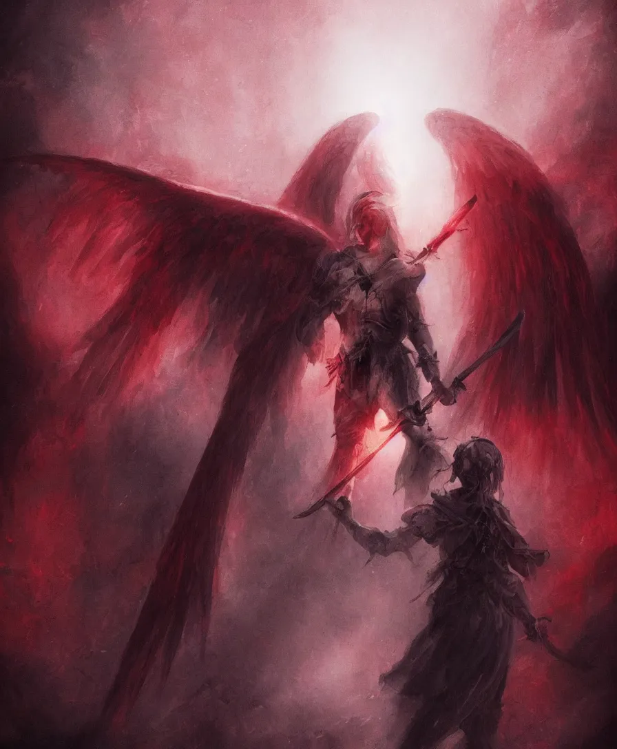 Image similar to a glowing angel carrying a sword in the dark hallways of hell, red tones, dark atmosphere, nightmare