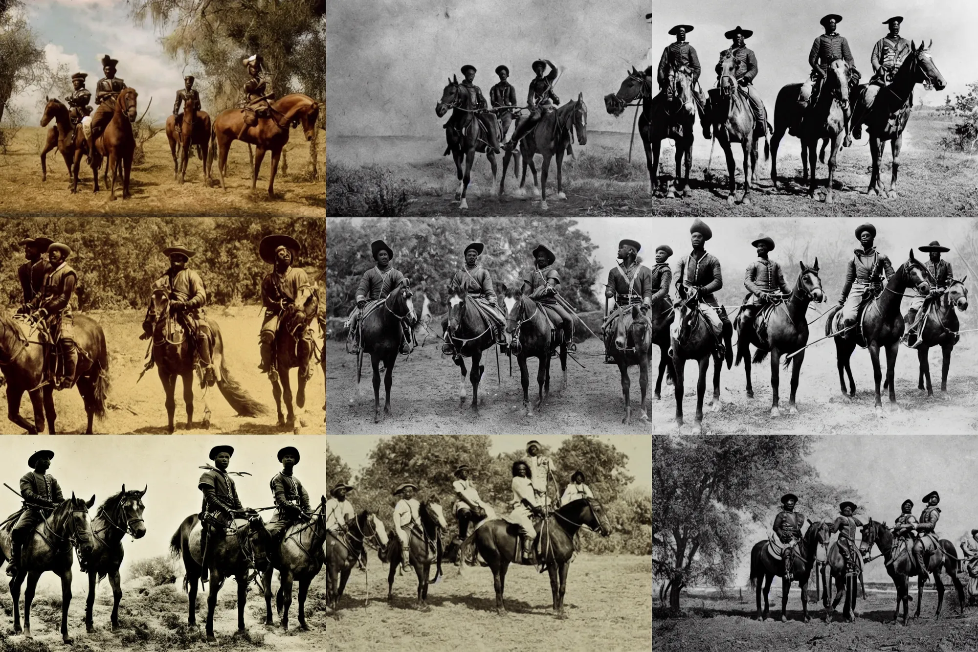 Prompt: movie still of the three african american musketeers sitting on their horses, epic angle