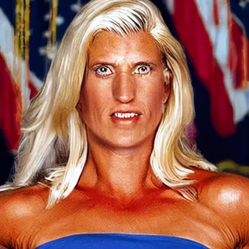 Image similar to a woman who is a genetic combination of hulk hogan and donald trump face and upper - body focus