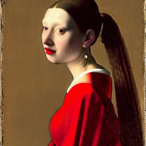 Image similar to sublime portrait of a woman in a red satin dress, very pale, graceful yet imposing, by Vermeer, strong dramatic cinematic lighting, 17th-century, smooth, sharp focus, extremely detailed