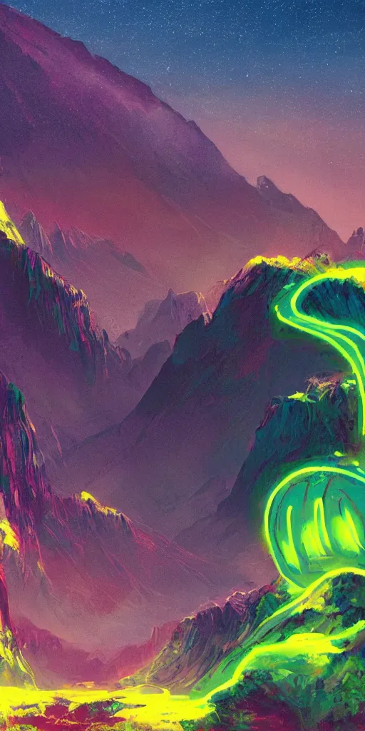 Image similar to a beautiful neon alien landscape, mountains