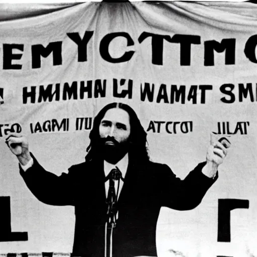 Prompt: photograph of Jesus holding a speech at a communist rally, black and white, on stage, banners with hammer and sickle in background,