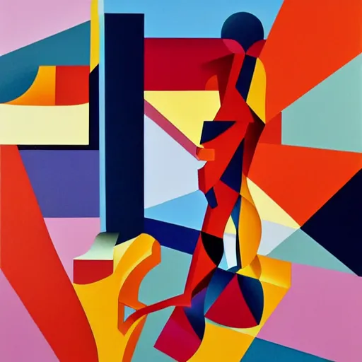 Prompt: a painting of an abstract figure surrounded by colored blocks, a cubist painting by James Rosenquist, featured on behance, precisionism, ilya kuvshinov, poster art, constructivism