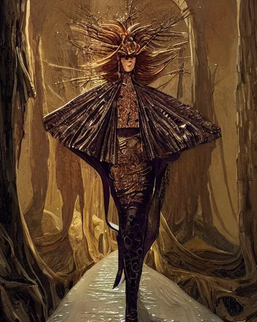 Image similar to fashion model walking down a catwalk, elaborate dress by alexander mcqueen, art by michael whelan and chris moore and howard david johnson and tim white and dan giancola