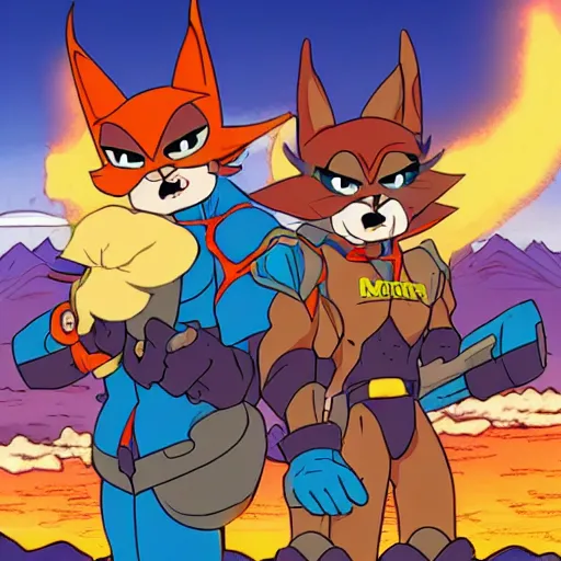 Image similar to tbone and razor of swat kats in front of mount doom